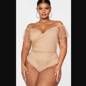 PrettyLittleThing Mocha Dobby Mesh Organza Wrap Bodysuit – US 14